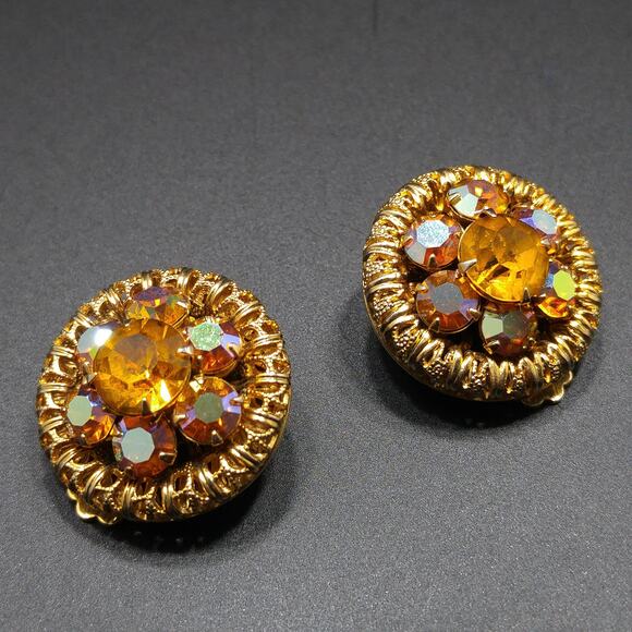 Vintage Topaz Rhinestone Mesh Earrings, Gold Plated, Aurora Borealis, 1950s - Picture 10 of 10